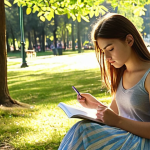 **

A serene, sunlit park scene. A young woman sits on a bench, sketching in a notebook. Her smartphone is closed and resting beside her, seemingly forgotten. Focus on the natural light filtering through the trees and the peaceful expression on her face. Emphasize natural textures and soft colors for a calming effect.

**