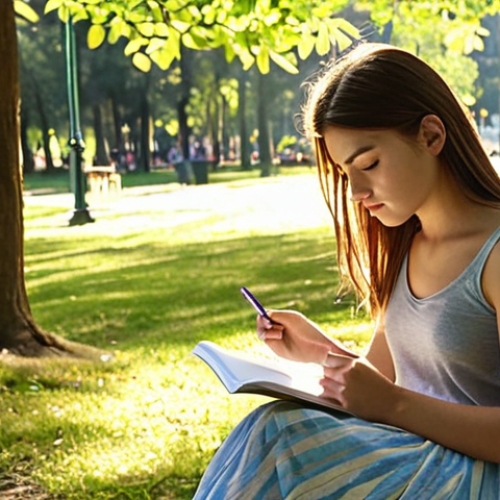 **

A serene, sunlit park scene. A young woman sits on a bench, sketching in a notebook. Her smartphone is closed and resting beside her, seemingly forgotten. Focus on the natural light filtering through the trees and the peaceful expression on her face. Emphasize natural textures and soft colors for a calming effect.

**