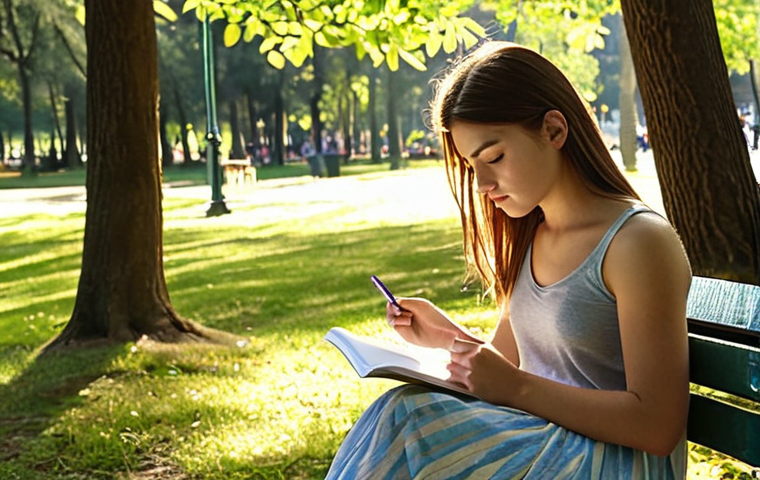 **

A serene, sunlit park scene. A young woman sits on a bench, sketching in a notebook. Her smartphone is closed and resting beside her, seemingly forgotten. Focus on the natural light filtering through the trees and the peaceful expression on her face. Emphasize natural textures and soft colors for a calming effect.

**