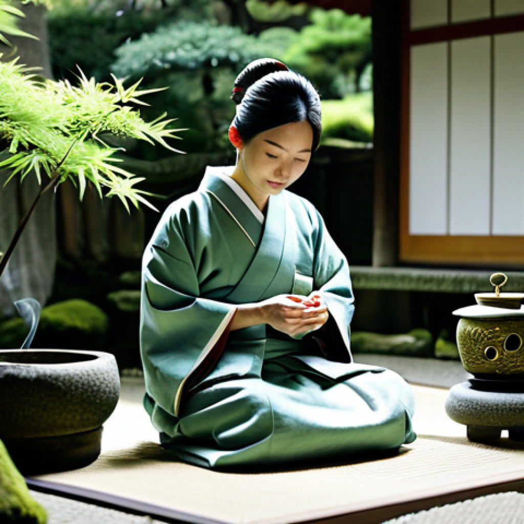 Mindful Tea Time**
A woman in a traditional, fully clothed kimono, sitting in a serene Japanese garden, preparing matcha tea. Soft, natural light filters through the bamboo trees. Focus on the delicate details of the tea ceremony. Background includes smooth stones, moss, and a stone lantern. Perfect anatomy, correct proportions, natural pose, well-formed hands, proper finger count, natural body proportions, appropriate attire, safe for work, professional photography, high quality, family-friendly.
**