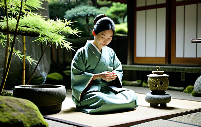 Mindful Tea Time**

A woman in a traditional, fully clothed kimono, sitting in a serene Japanese garden, preparing matcha tea. Soft, natural light filters through the bamboo trees. Focus on the delicate details of the tea ceremony. Background includes smooth stones, moss, and a stone lantern. Perfect anatomy, correct proportions, natural pose, well-formed hands, proper finger count, natural body proportions, appropriate attire, safe for work, professional photography, high quality, family-friendly.

**