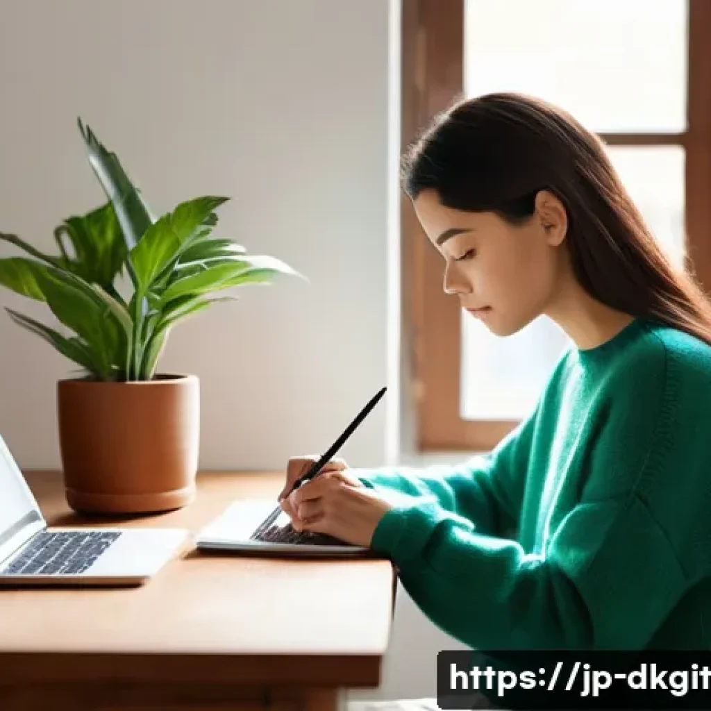 디지털 슬로우 라이프와 일에 대한 태도 - **Prompt:** A serene and focused young woman (20s-30s), wearing a comfortable, soft knit sweater and...