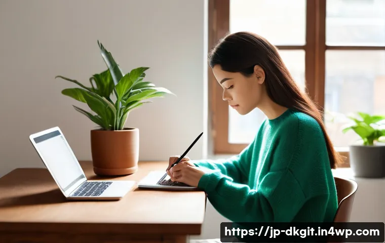 디지털 슬로우 라이프와 일에 대한 태도 - **Prompt:** A serene and focused young woman (20s-30s), wearing a comfortable, soft knit sweater and...