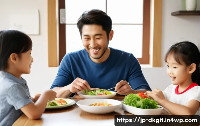 슬로우 라이프를 위한 가족과의 소통 방법 - A heartwarming scene of a Japanese family of four (parents in their late 30s, an elementary school-a...
