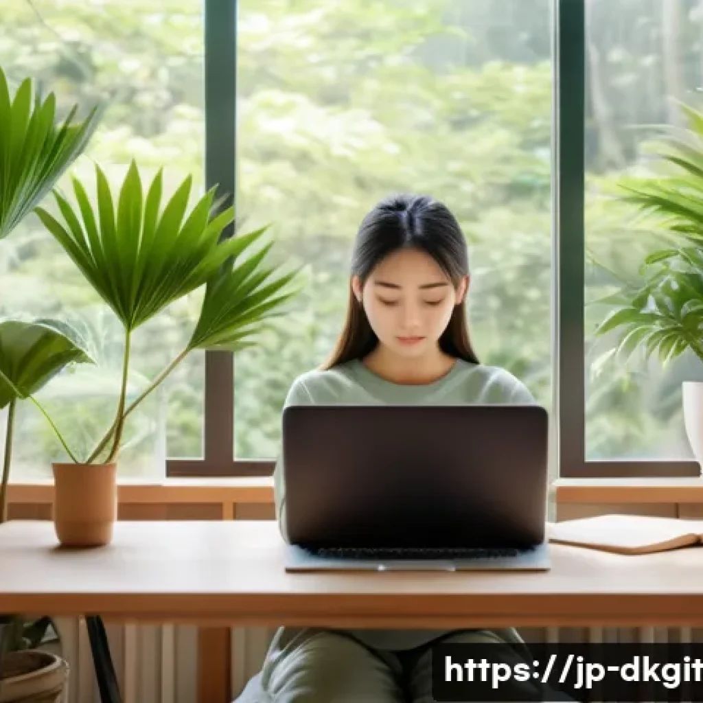 디지털 슬로우 라이프의 새로운 패러다임 - A peaceful Japanese-style home office scene in the morning, featuring a young adult woman practicing...