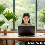 디지털 슬로우 라이프의 새로운 패러다임 - A peaceful Japanese-style home office scene in the morning, featuring a young adult woman practicing...