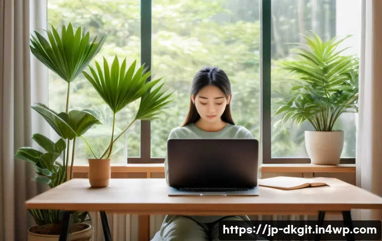 디지털 슬로우 라이프의 새로운 패러다임 - A peaceful Japanese-style home office scene in the morning, featuring a young adult woman practicing...