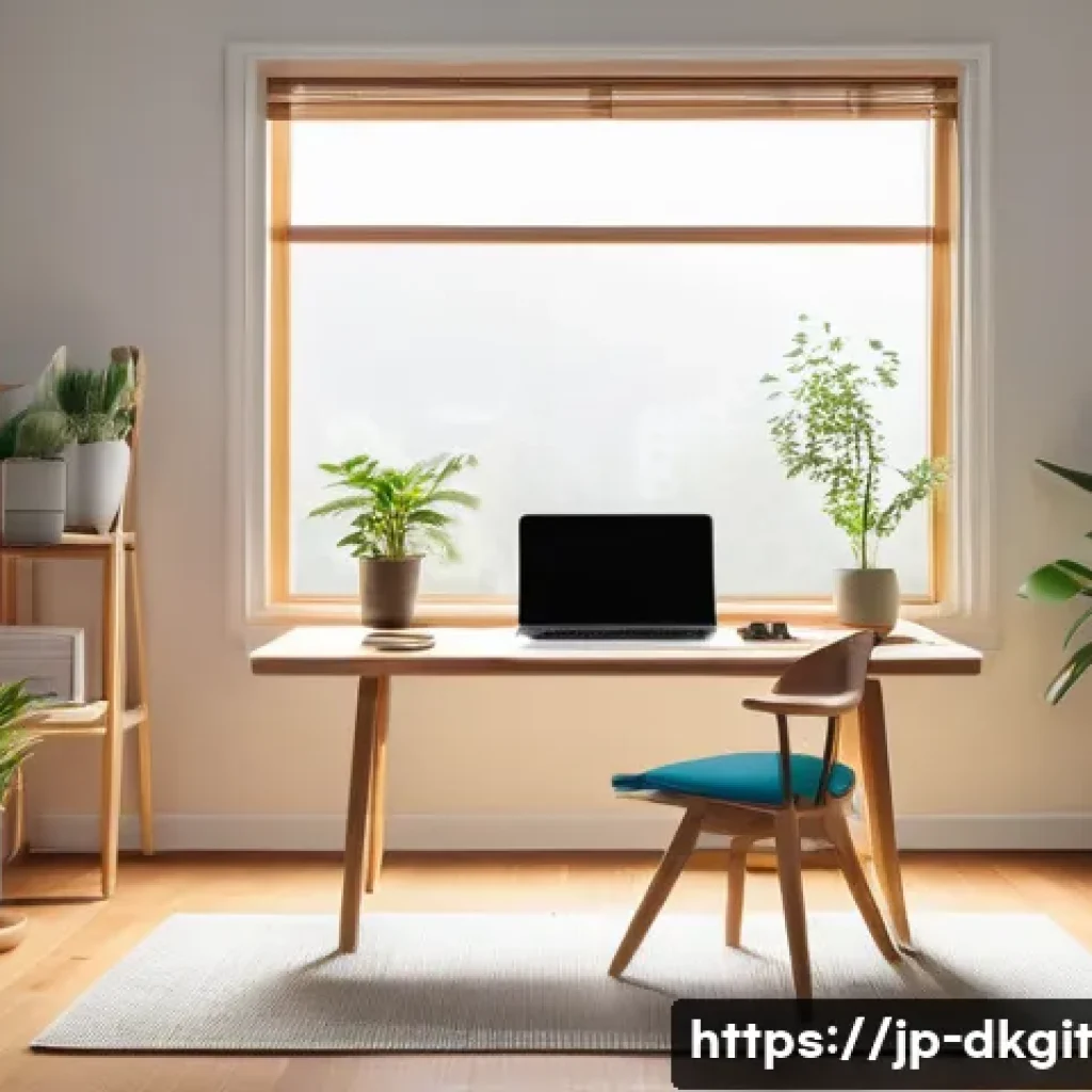 디지털 슬로우 라이프를 위한 생산성 향상 전략 - A modern Japanese home office scene featuring a minimalist desk by a large window with soft natural ...