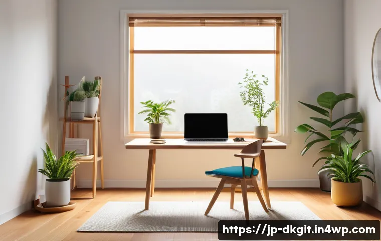 디지털 슬로우 라이프를 위한 생산성 향상 전략 - A modern Japanese home office scene featuring a minimalist desk by a large window with soft natural ...