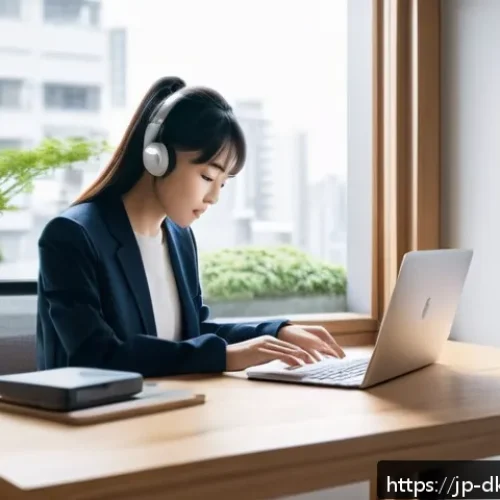 디지털 슬로우 라이프의 개인적 성장 - A modern Japanese home office scene featuring a young Japanese woman in casual clothing organizing h...
