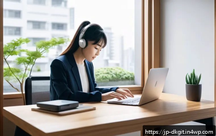 디지털 슬로우 라이프의 개인적 성장 - A modern Japanese home office scene featuring a young Japanese woman in casual clothing organizing h...