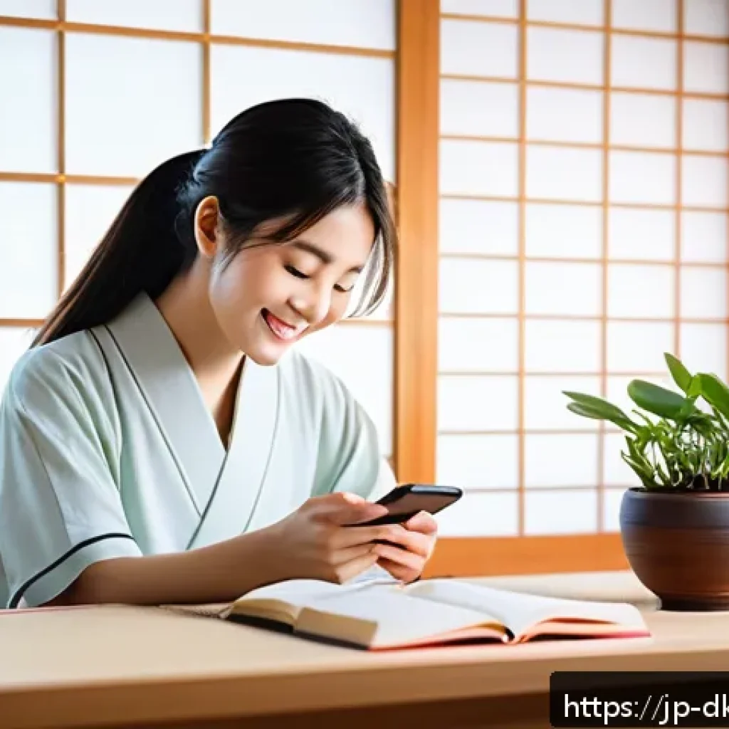 디지털 슬로우 라이프에서의 소셜 미디어 사용 - A serene and cozy Japanese home interior scene showing a young woman comfortably using her smartphon...