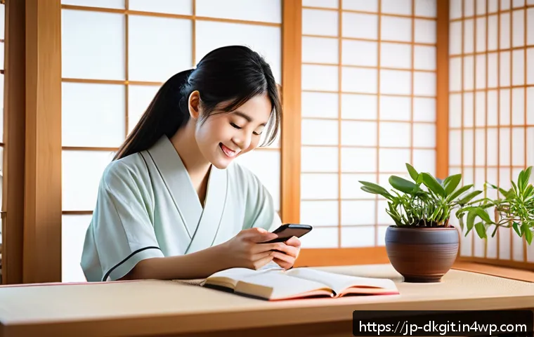 디지털 슬로우 라이프에서의 소셜 미디어 사용 - A serene and cozy Japanese home interior scene showing a young woman comfortably using her smartphon...